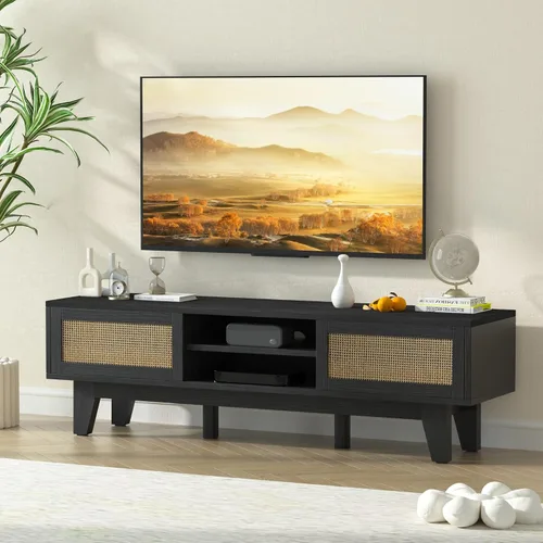Xilingol Soporte de TV de ratán para TV de hasta 65 pulgadas, centro de entretenimiento bohemio con dos armarios y puertas correderas, consola de TV