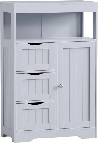Miniatura 10 de JUMMICO Armario de suelo de baño, organizador de almacenamiento independiente de madera con 1 puerta y 3 cajones, armario de almacenamiento de baño