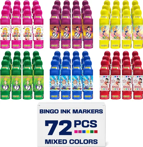 Lucky Lady Bingo Daubers - Juego de 72 marcadores de bingo multicolor para adultos, aplicación suave y uniforme, antigoteo y secado rápido,
