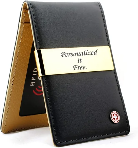 SOTANIA - Clips personalizados de cuero genuino de 24 quilates para hombre carteras delgadas con bolsillo frontal para tarjetas regalo minimalista