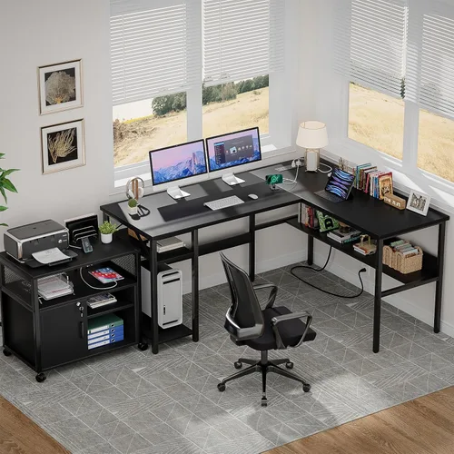 Miniatura 8 de Unikito Escritorio reversible en forma de L con tomas de corriente mágicas y puertos de carga USB, escritorio de esquina resistente para computadora