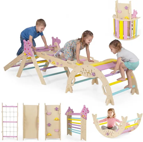 Miniatura 10 de HONEY JOY Pikler - Juego de triángulos plegables 9 en 1 con arco, rampa, cuerda de escalada y escalera, parque infantil interior para bebés, Azul