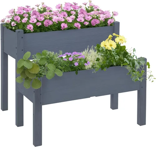 Miniatura 10 de Outsunny - Jardinera elevada de madera con estante de almacenamiento, orificios de drenaje y forro para el patio trasero, la terraza, el balcón, 47