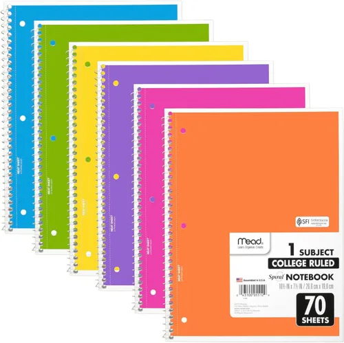 Mead Cuaderno de espiral, paquete de 6, 1 materia, papel rayado universitario, 7-1/2 x 10-1/2 pulgadas, 70 hojas por cuaderno, colores brillantes