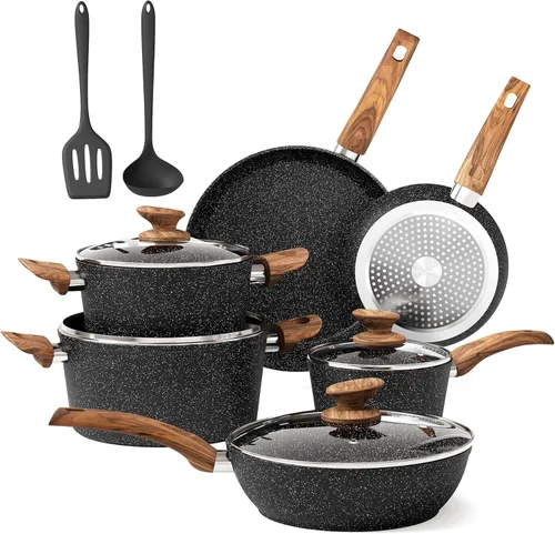 DishDelight Juego de ollas y sartenes de inducción antiadherentes, juego de utensilios de cocina de granito de 12 piezas, juego de ollas de cocina