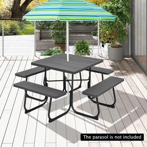 Miniatura 9 de Giantex Juego de mesa de picnic para 8 personas, mesa cuadrada para exteriores con agujero para paraguas, parte superior de polietileno de alta