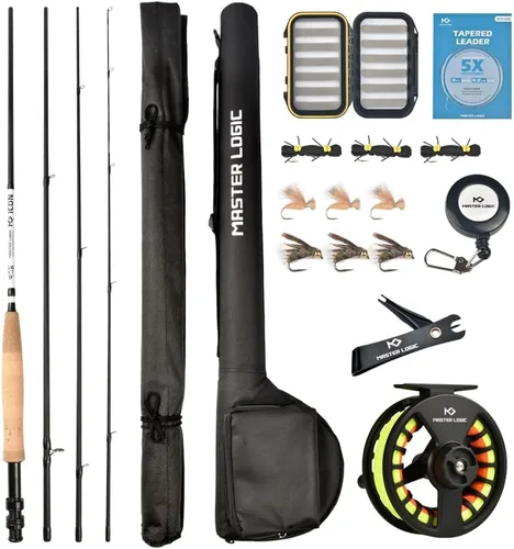 Kit de inicio de combo de caña y carrete de pesca con mosca MASTER LOGIC, caña de pesca con mosca de grafito con mango de corcho, carrete de