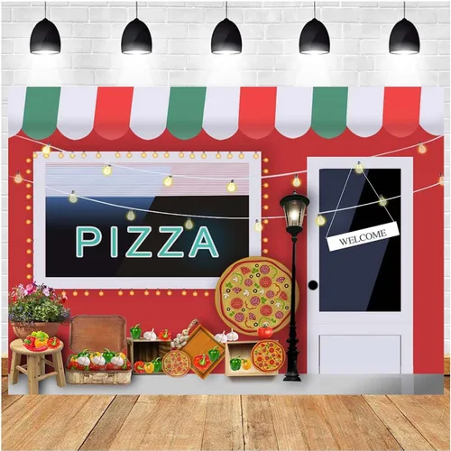 Miniatura 4 de Fondo de fotografía de pizzería 1er cumpleaños, decoración de fiesta de pizza, telón de fondo para niñas y niños, tema de cocina, fondo de fiesta