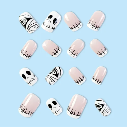 Miniatura 4 de Uñas postizas de punta francesa para Halloween, uñas postizas cortas cuadradas con diseños de parches de calavera, cobertura completa, uñas postizas