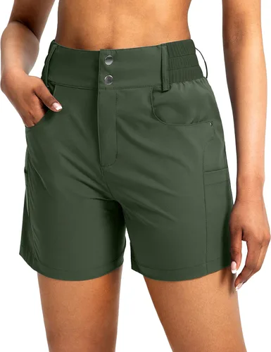 Miniatura 13 de Viodia - Pantalones cortos de senderismo de 5" para mujer, para golf con bolsillos, de cintura alta, elásticos, cargo, pantalones cortos para mujer