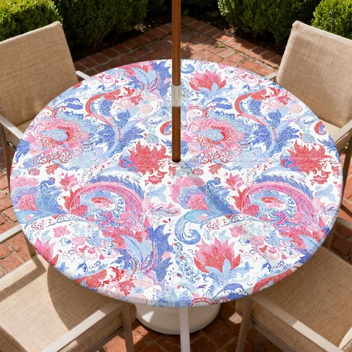 Miniatura 17 de Mantel para exteriores con agujero para sombrilla y cremallera, impermeable, redondo, ajustable con borde elástico, mantel lavable para mesa al aire