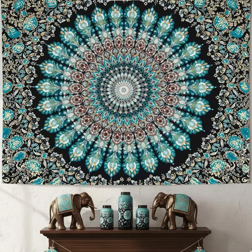 Miniatura 29 de Accnicc Tapiz bohemio con mandala floral para dormitorio, tapiz de pared con flores bohemias, pequeño, acuarela, azul, blanco, hippie, indio