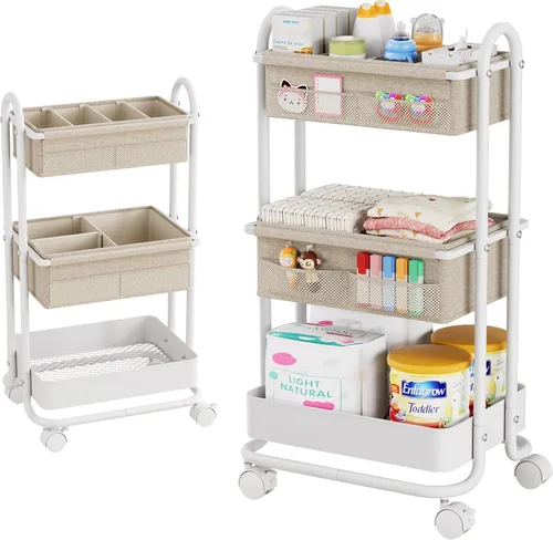 Miniatura 9 de Modanais Carrito organizador de pañales para bebé, carrito de almacenamiento rodante de 3 niveles con ruedas, artículos esenciales para bebé