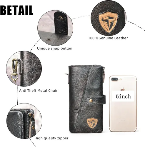 Miniatura 6 de Handadsume Genuino caballo loco cuero viaje regalo moneda bolsillo tarjeta caso largo organizador cadena Rfid monedero con broche para hombres
