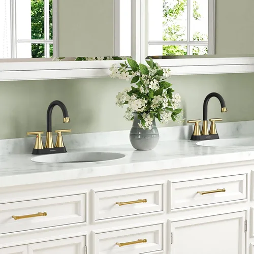 Miniatura 8 de Grifos de baño para lavabo de 3 orificios, Hurran grifo de lavabo de baño de 4 pulgadas en negro y dorado con desagüe emergente y mangueras