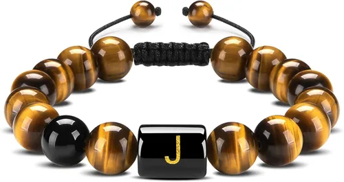 FRG Brazalete con letra inicial del nombre, hecho a mano, las cuentas son de ónix negro u ojo de tigre, la cuerda es trenzada, un brazalete lleno de
