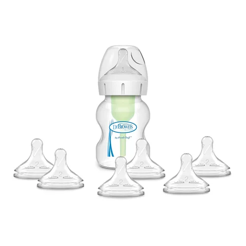 Dr. Brown's Natural Flow® Anti-Colic Options+™ Biberón de cuello ancho, 5 oz/5.1 fl oz, pezón nivel 1, 1 paquete, 0.0 ft+ con paquete de 6 pezones