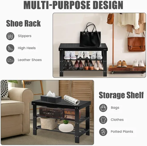 Miniatura 4 de Giantex Banco de zapatos de entrada, organizador de zapatos de bambú con capacidad para hasta 6 pares, 3 niveles de almacenamiento de zapatos Negro