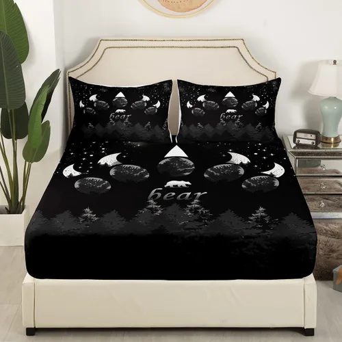 Miniatura 3 de Manfei Sábana bajera ajustable de oso tamaño individual, funda de cama con silueta de árbol gris y negro con 1 funda de almohada, juego de ropa
