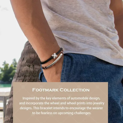 Miniatura 4 de Carleen Footprint - Pulsera de cuero genuino de plata de ley 925 para hombre cuerda trenzada dije inspirador aniversario día de San Valentín regalo