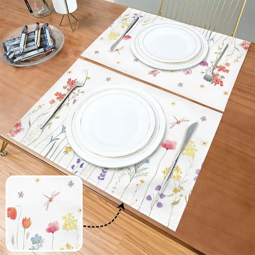 Miniatura 4 de Juego de 6 manteles individuales para primavera y verano, diseño floral, antideslizante, resistente al calor, tela de lino de algodón, cuadrados