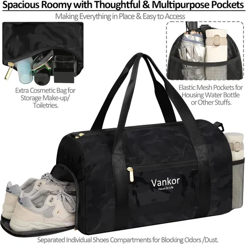 Miniatura 10 de Bolsa de gimnasio para mujer con compartimento para zapatos, impermeable, bolsa de lona deportiva para viajes, fin de semana, llevar en la playa