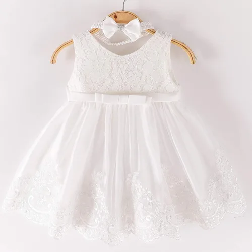 Miniatura 3 de Vestido de encaje con lazo de flores para bebé, princesa, boda, cumpleaños, concurso, bautismo, bautizo, tutú con gorro