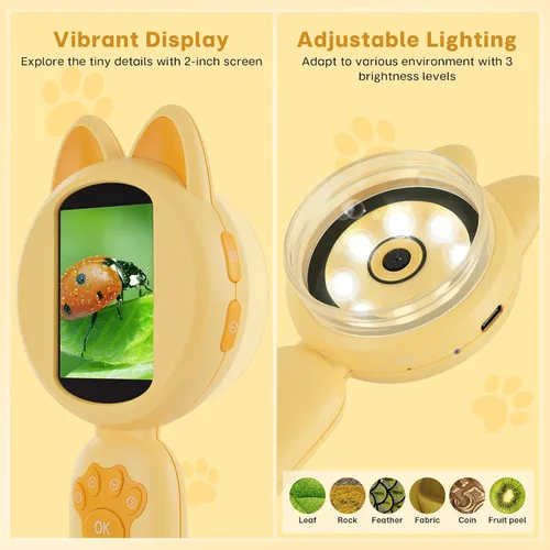 Miniatura 4 de Microscopio Mia para niños, mini microscopio digital con pantalla IPS de 2 pulgadas, kit de juguete educativo de ciencia de mano, regalos de Amarillo
