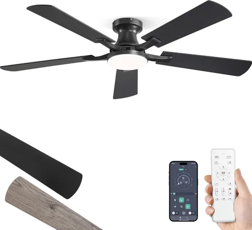ZMISHIBO Ventilador de techo de 52 pulgadas con luz, aplicación y control remoto, perfil bajo de montaje empotrado, luz LED regulable de 20 W, motor