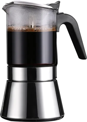 SIXAQUAE - Olla de inducción Moka con tapa de cristal y acero inoxidable, cafetera italiana clásica (5.4 fl oz)