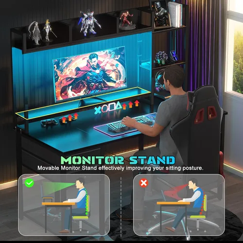 Miniatura 6 de Aheaplus Escritorio LED para Gaming con Hutch, 47.2'' Estación de Trabajo para Computadora, Negro