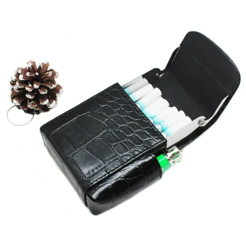 Miniatura 4 de Boshiho Caja de cigarrillos de cuero PU con encendedor titular bolsa de tabaco el mejor regalo para hombres mujeres (negro)
