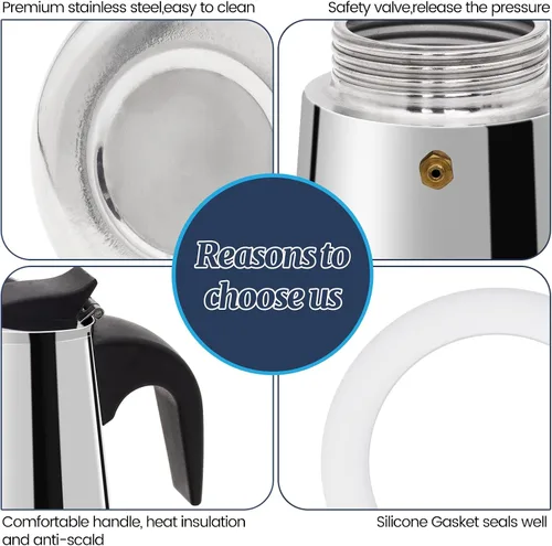 Miniatura 7 de 2 Tazas Moka de Acero Inoxidable 100ml Cafetera de Espresso Italiana para Estufa Cafeteras Moka Percolador Cafetera Greca para Estufa de Inducción