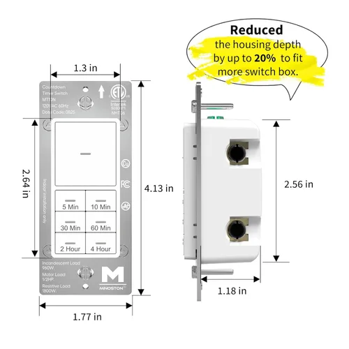 Miniatura 4 de Interruptor temporizador de cuenta regresiva Minoston para ventiladores y luces de baño, 5/10/30/60 minutos, 2/4 horas, interruptor temporizador