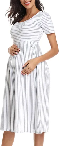 Miniatura 2 de BBHoping Vestido de maternidad casual a rayas para mujer, manga corta y 34, longitud hasta la rodilla, ropa de embarazo para baby shower