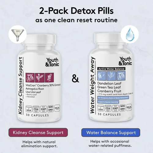 Miniatura 2 de Youth & Tonic Píldoras diarias de retención de agua para limpiar los riñones, hinchazón y exceso de líquidos corporales y desechos metabólicos, 30 +