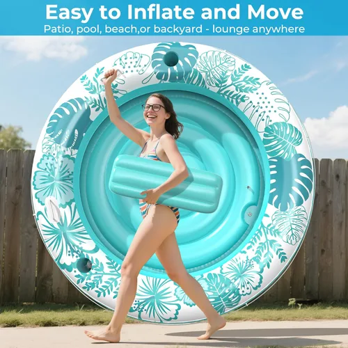 Miniatura 8 de Inflatable Tanning Pool Lounger Float with Protection Tarp, 75" x 75" Pool Floats Adult with Pillow, 6 in 1 Suntan Tub Raft Floatie, Sunbathing Cian