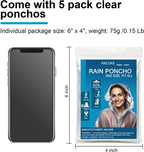 Miniatura 5 de Ponchos de lluvia desechables para adultos, paquete familiar de ponchos de lluvia de emergencia para mujeres y hombres con capucha con cordón