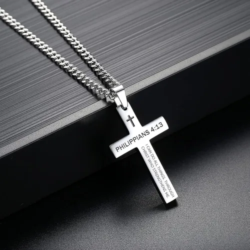 Miniatura 4 de Collar inspirador de cruz con versículo bíblico para hombres y niños, collar con colgante de cruz de plata negra lisa de acero inoxidable