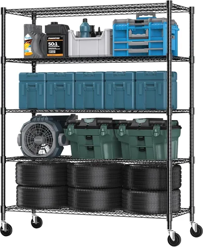 Miniatura 8 de Himimi Estantería de almacenamiento de alambre de acero resistente de 4 niveles, estantes de almacenamiento de metal ajustables con ruedas, estante