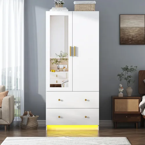 Miniatura 12 de Armario de 3 puertas con espejo, armario LED con puertas y cajones, armario de almacenamiento de madera con barra para colgar, estantes ajustables