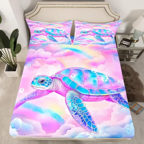 Miniatura 25 de Erosebridal Sábanas de cama de sirena azul para niñas, bonita sábana bajera ajustable de unicornio, 2 piezas, ropa de cama de arcoíris femenino