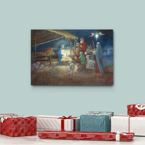 Miniatura 5 de Renditions Gallery El nacimiento de Jesús Cuadro religioso navideño de Jesucristo, María y José en el pesebre, en bastidor listo para exhibir