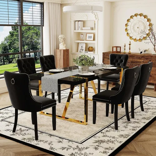 Miniatura 28 de Juego de mesa de comedor negra para 4, parte superior negra brillante de 55 pulgadas con patas de metal dorado, juego de mesa de comedor moderno
