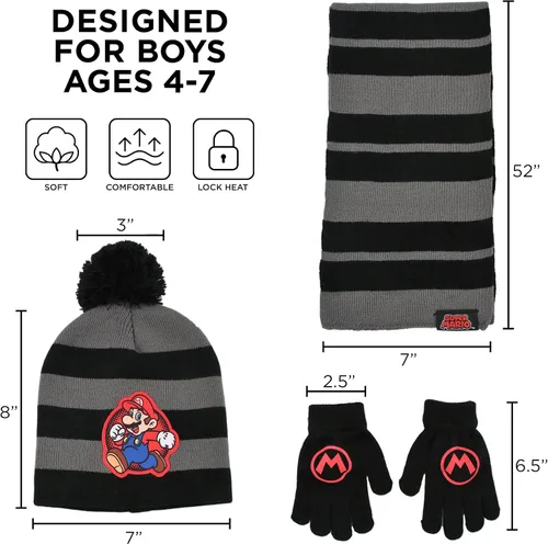 Miniatura 6 de Nintendo Conjunto de gorro de invierno, bufanda y guantes para niños, Super Mario para edades de 4 a 7 años