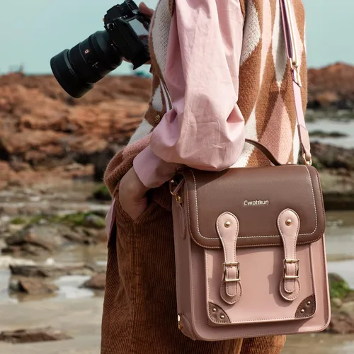 Miniatura 9 de Cwatcun Bolsa para cámara para mujer, funda cruzada para cámara retro, mochila impermeable de piel sintética vintage, bolso ligero para cámara