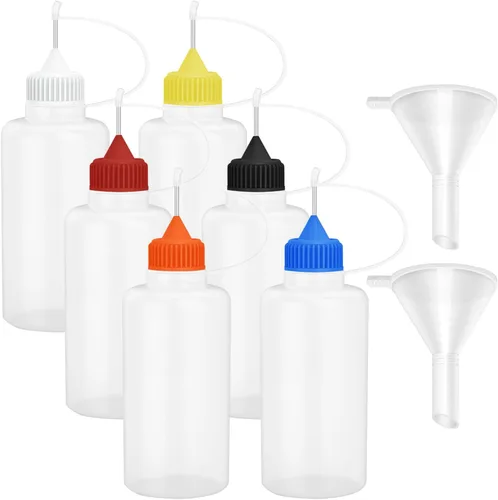 Hulless - 6 botellas aplicadoras de punta de aguja de 4 onzas, botellas cuentagotas de plástico de 120 ml, tapa multicolor con 2 embudos mini para