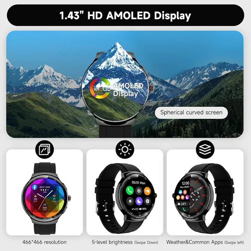 Miniatura 3 de Relojes inteligentes para hombres y mujeres, rastreador de actividad física, reloj inteligente AMOLED de 1.43 pulgadas con pantalla táctil para Negro