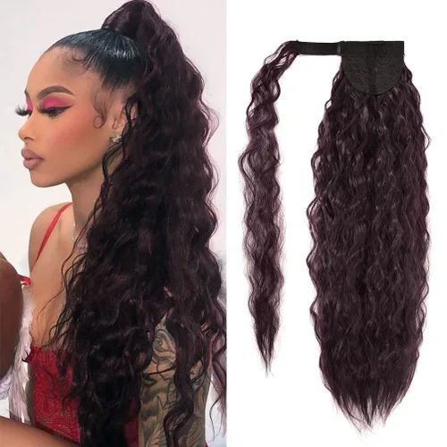Miniatura 18 de Extensión de cola de caballo con clip de onda de maíz, 22 pulgadas de largo, ondulado, rizado, envolvente, resistente al calor, sintético, postizo