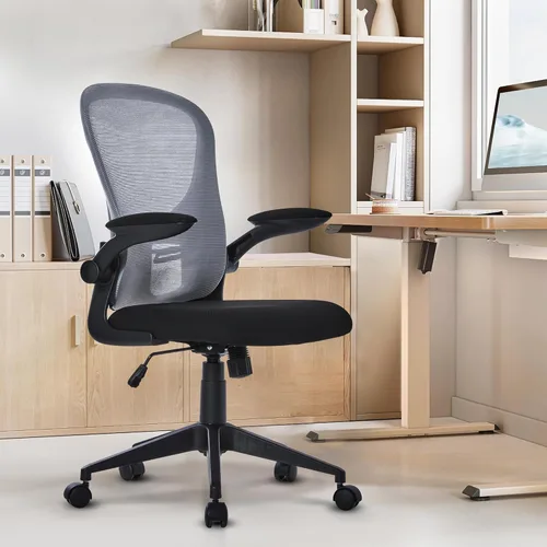 Miniatura 10 de HOOOWOOO Silla de oficina en casa de malla con reposabrazos abatible, silla de escritorio ergonómica moderna con soporte lumbar, respaldo